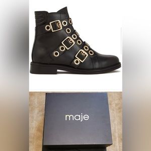 MAJE Buckled eyelet
embellished leather ankle boots